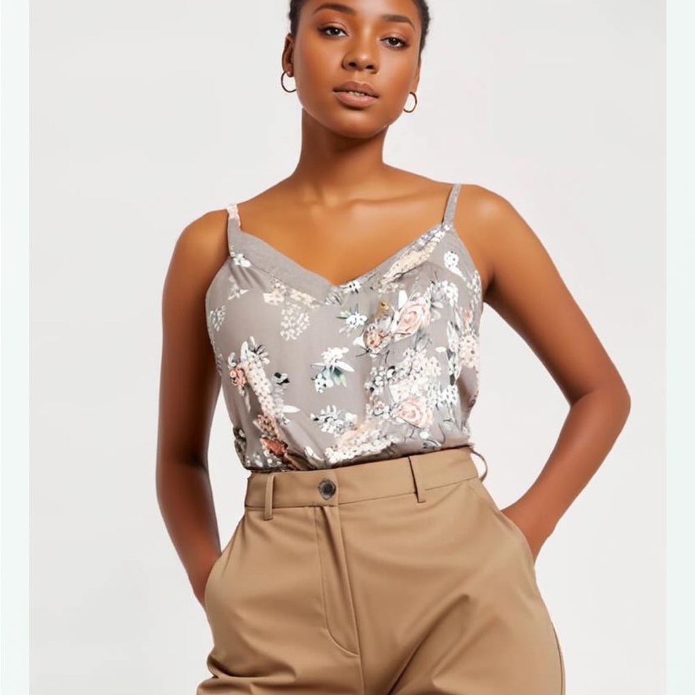 Floral Gray Women's spaghetti strap feminine  Top career sleeveless blouse